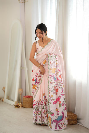 Cream Animal Printed with Mirror Border Chinon Saree (ACA9681)