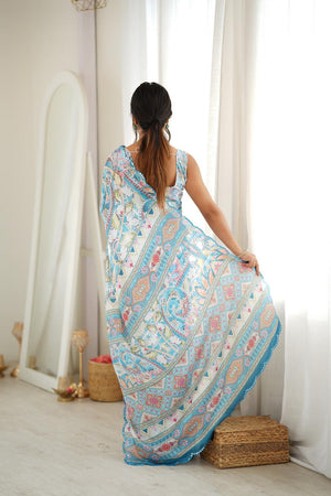 Sea Green Floral Printed with Mirror Border Chinon Saree (ACA9682)