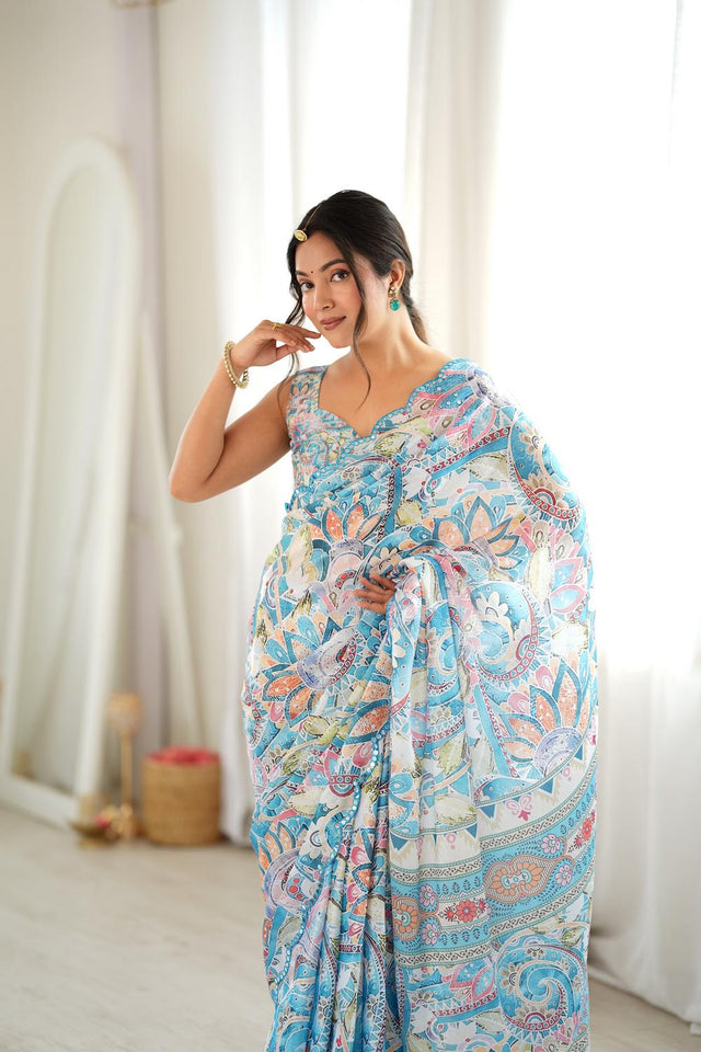 Sea Green Floral Printed with Mirror Border Chinon Saree (ACA9682)