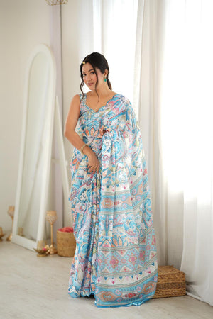 Sea Green Floral Printed with Mirror Border Chinon Saree (ACA9682)