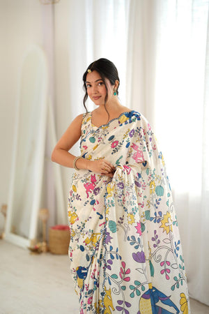 Off White Floral Printed with Mirror Border Chinon Saree (ACA9683)