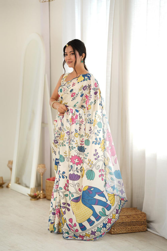 Off White Floral Printed with Mirror Border Chinon Saree (ACA9683)