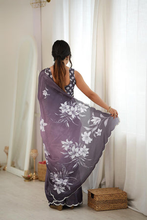 Mauve Floral Printed with Mirror Border Chinon Saree (ACA9684)