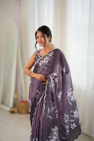 Mauve Floral Printed with Mirror Border Chinon Saree (ACA9684)