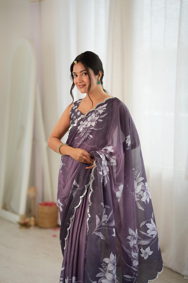 Mauve Floral Printed with Mirror Border Chinon Saree (ACA9684)