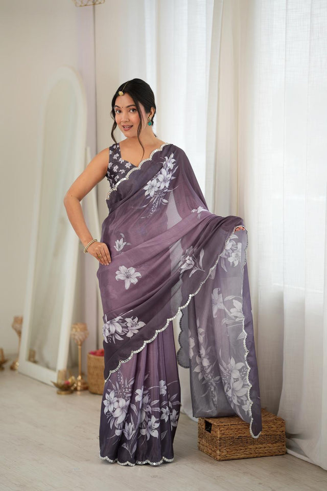 Mauve Floral Printed with Mirror Border Chinon Saree (ACA9684)