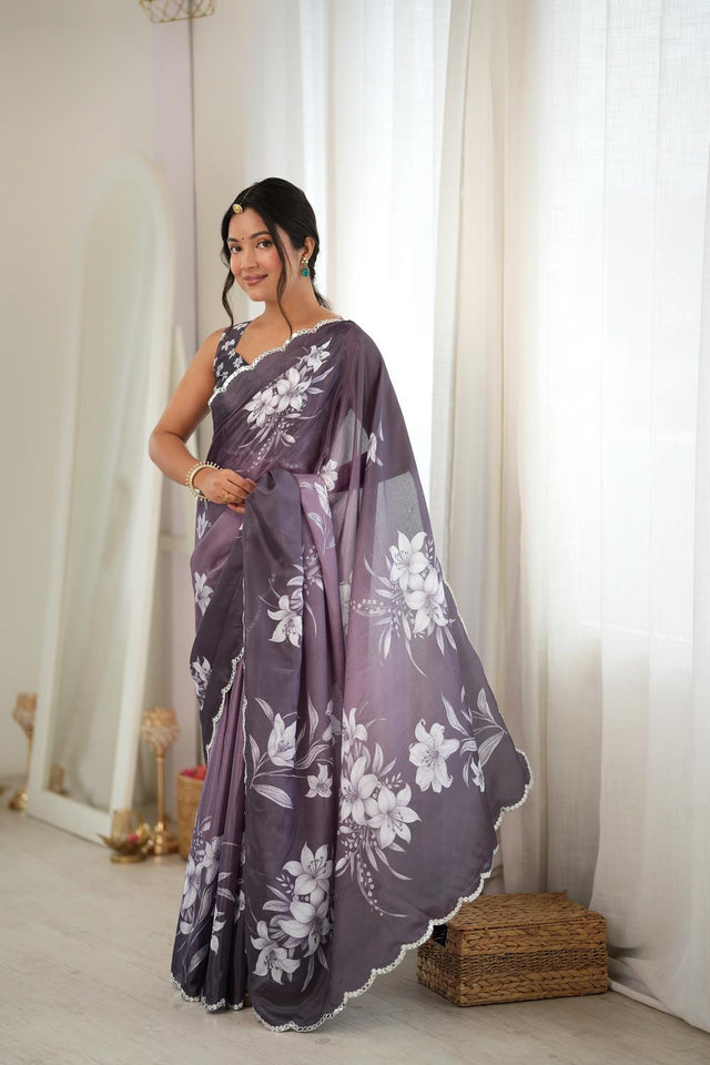 Mauve Floral Printed with Mirror Border Chinon Saree (ACA9684)