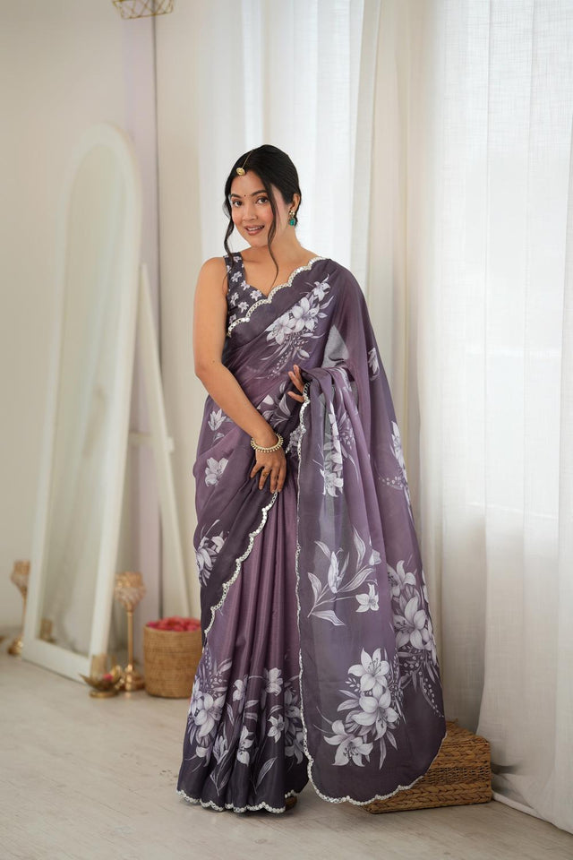 Mauve Floral Printed with Mirror Border Chinon Saree (ACA9684)