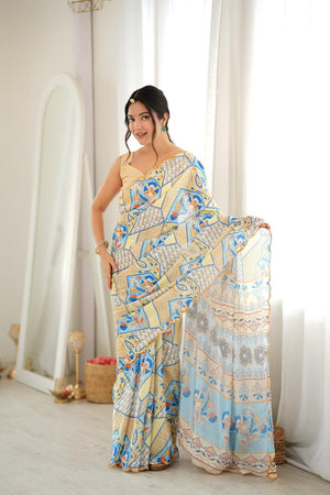 Off White Floral Printed with Mirror Border Chinon Saree (ACA9685)