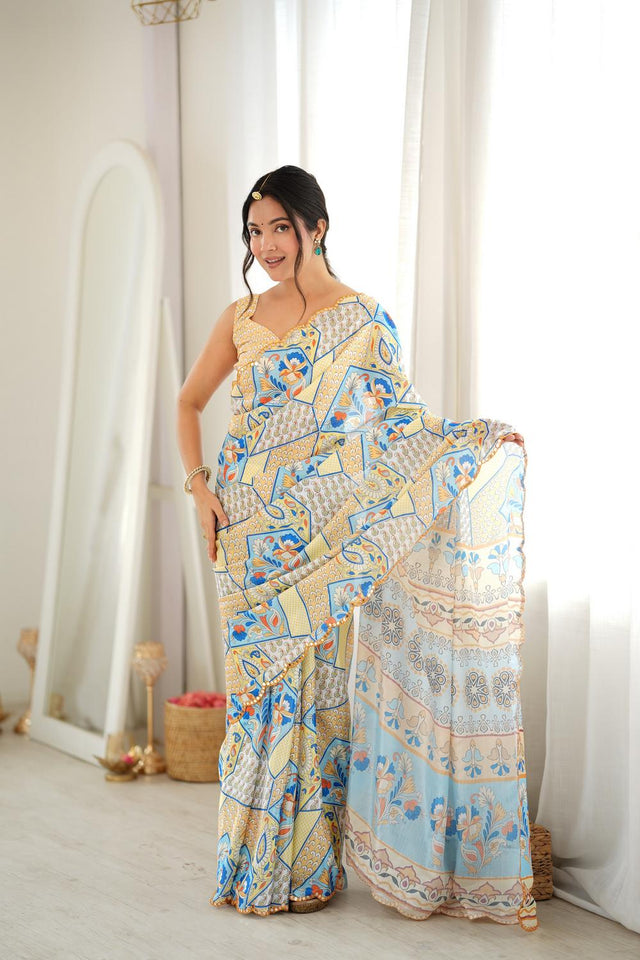 Off White Floral Printed with Mirror Border Chinon Saree (ACA9685)