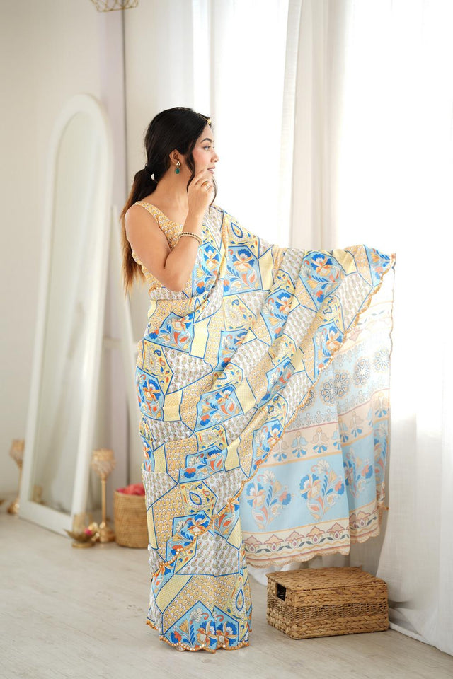 Off White Floral Printed with Mirror Border Chinon Saree (ACA9685)