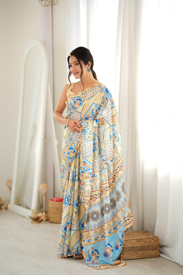 Off White Floral Printed with Mirror Border Chinon Saree (ACA9685)