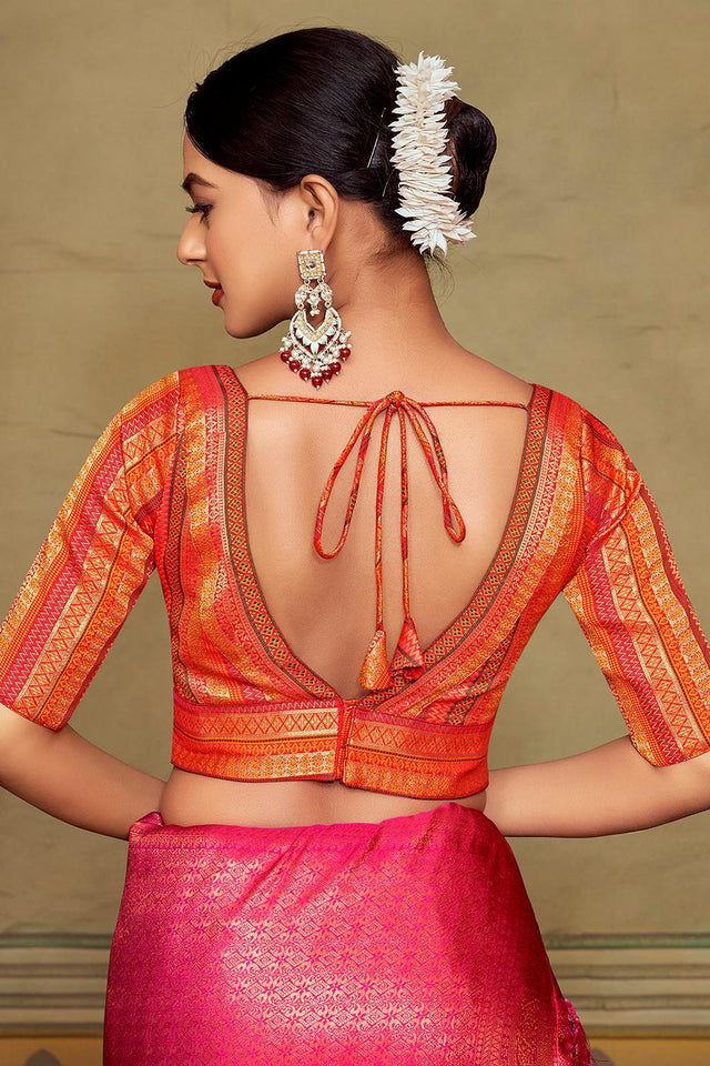 Orange Jacquard Woven Banarasi Silk Blouse (ACA9687)