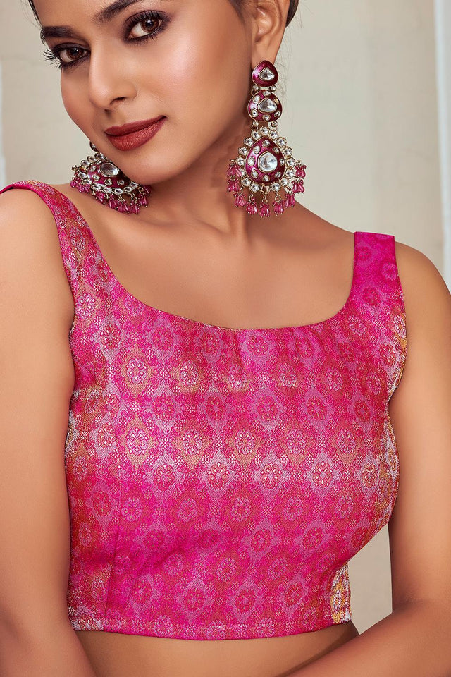 Pink Jacquard Woven Banarasi Silk Blouse (ACA9690)