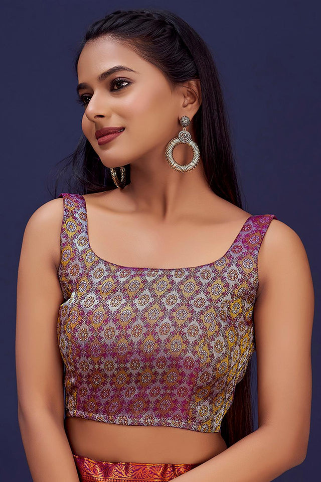 Wine Jacquard Woven Banarasi Silk Blouse (ACA9691)