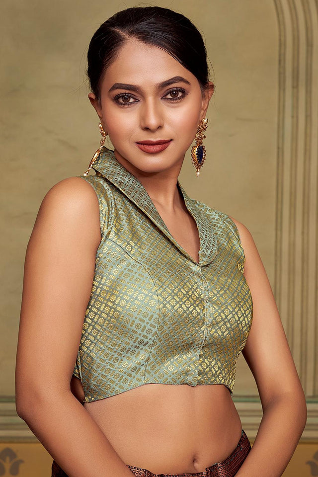 Grey Jacquard Woven Banarasi Silk Blouse (ACA9693)