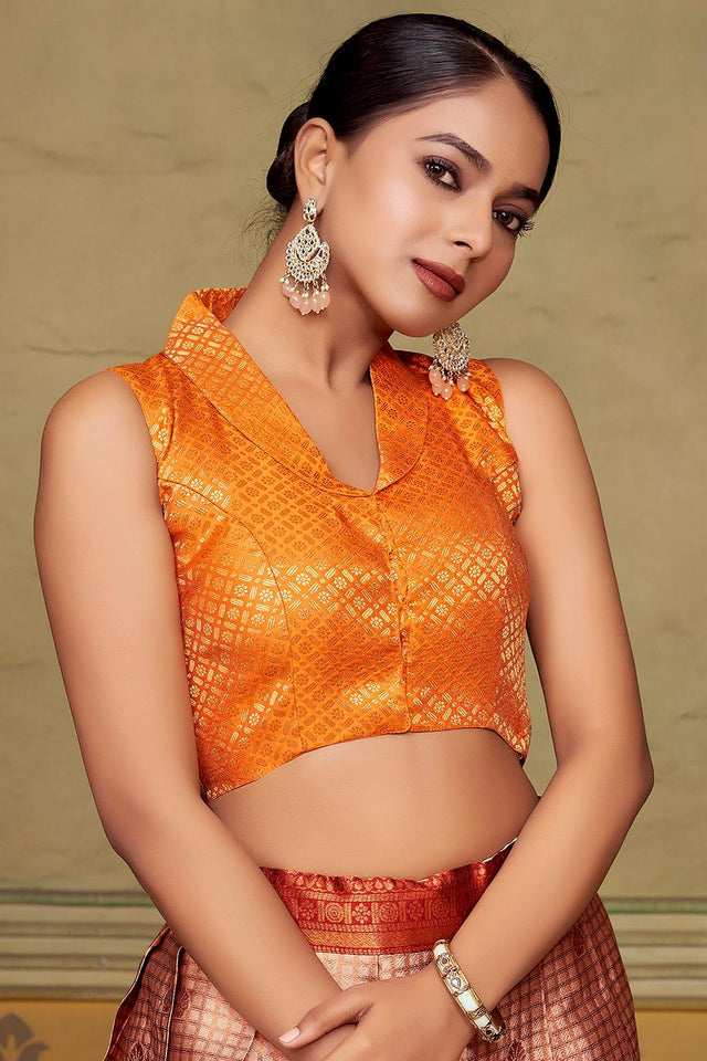 Orange Jacquard Woven Banarasi Silk Blouse (ACA9694)