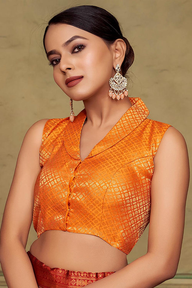Orange Jacquard Woven Banarasi Silk Blouse (ACA9694)