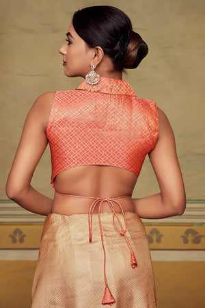 Peach Jacquard Woven Banarasi Silk Blouse (ACA9695)