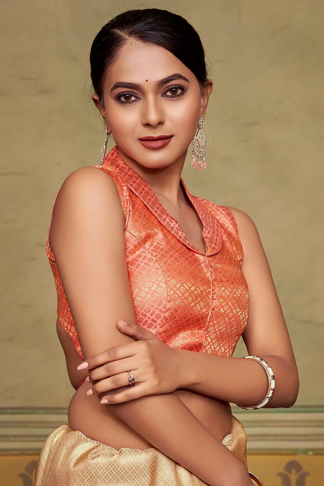 Peach Jacquard Woven Banarasi Silk Blouse (ACA9695)