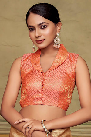 Peach Jacquard Woven Banarasi Silk Blouse (ACA9695)