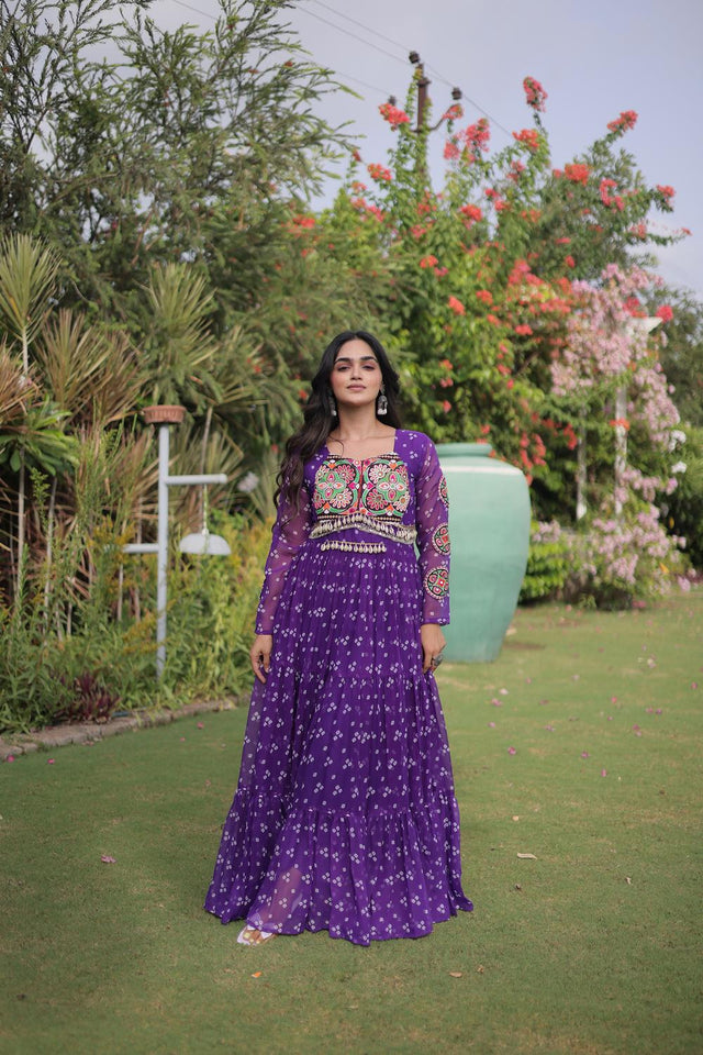 Purple Bandhani Printed with Embroidered Georgette Free Size Stitched Gown (ACA9702)