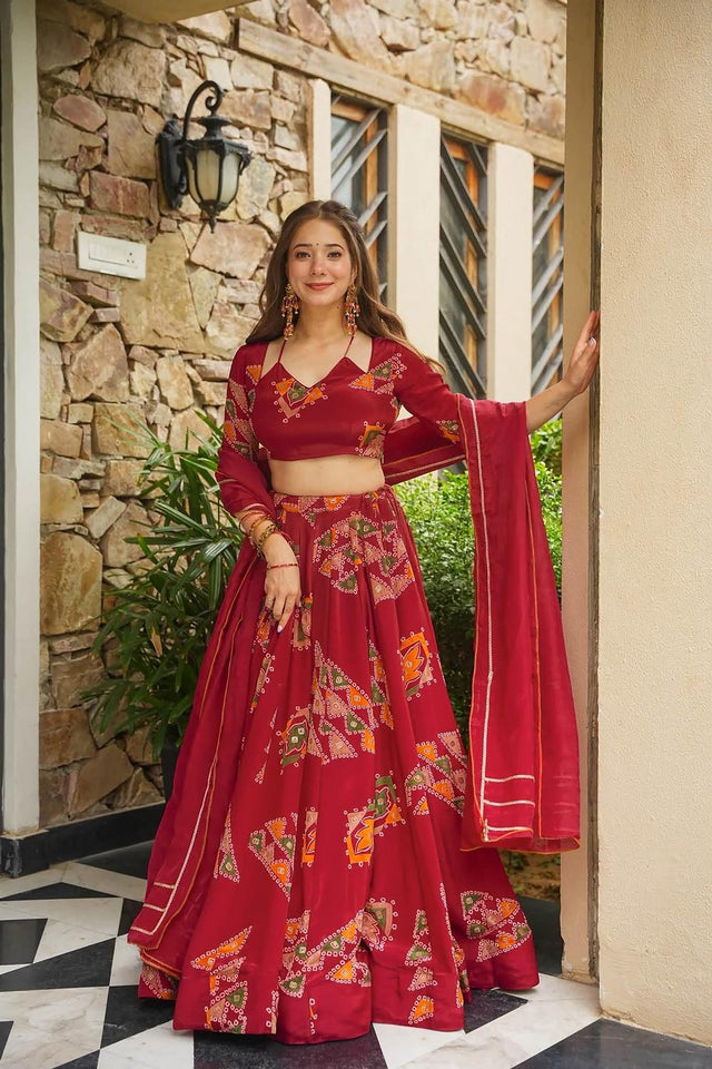 Red Printed Crepe Lehenga (ACA9704)
