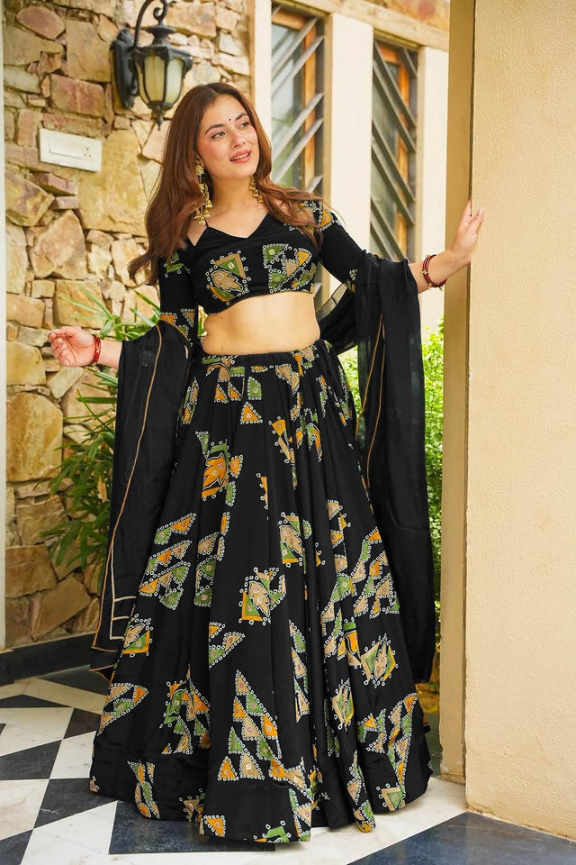 Black Printed Crepe Lehenga (ACA9705)
