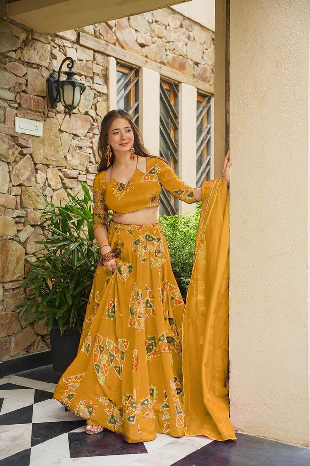 Yellow Printed Crepe Lehenga (ACA9706)