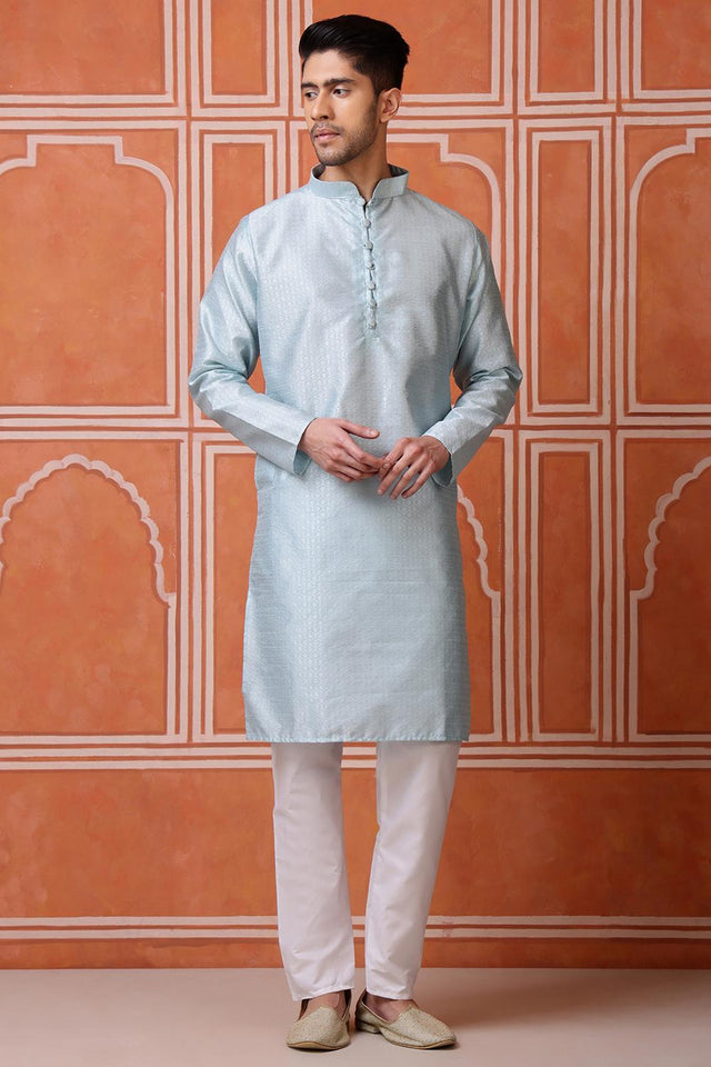 Mens Blue Woven Silk Blend Kurta Set (ACA9707)