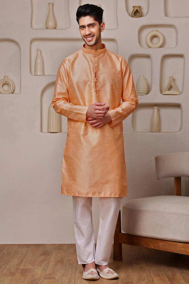 Mens Orange Woven Silk Blend Kurta Set (ACA9709)