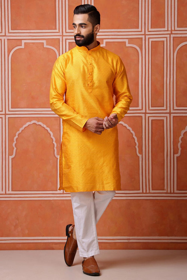 Mens Yellow Woven Silk Blend Kurta Set (ACA9710)