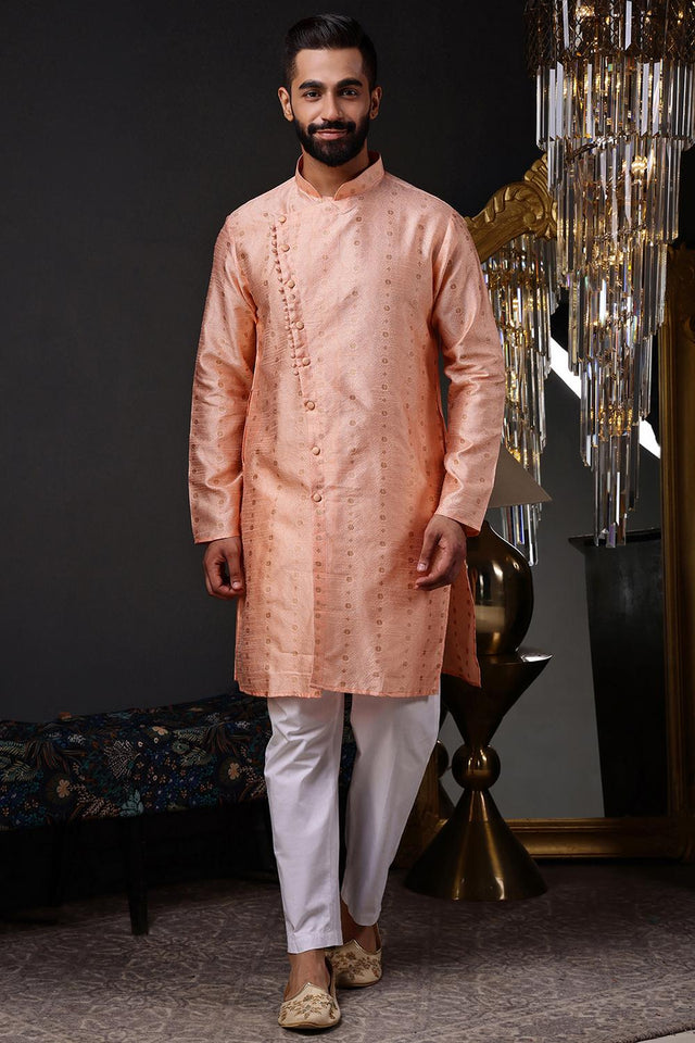 Mens Peach Woven Silk Blend Kurta Set (ACA9713)