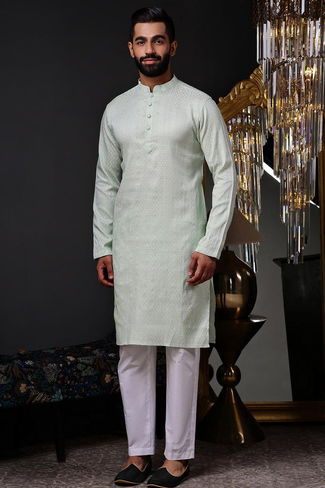 Mens Turquoise Woven Silk Blend Kurta Set (ACA9714)