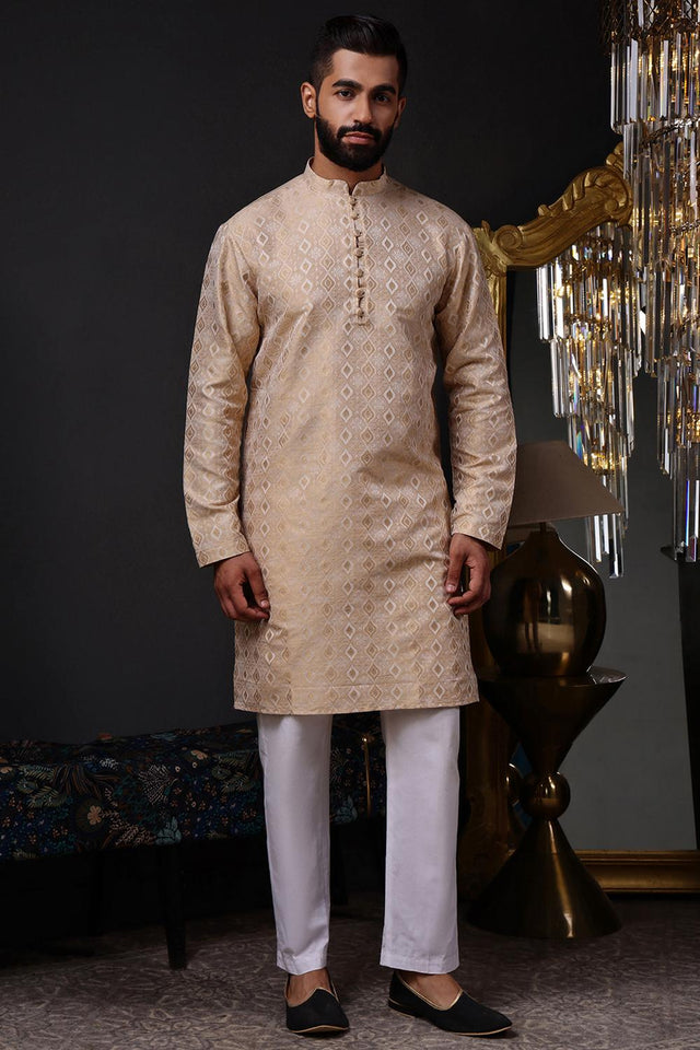 Mens Brown Woven Silk Blend Kurta Set (ACA9715)