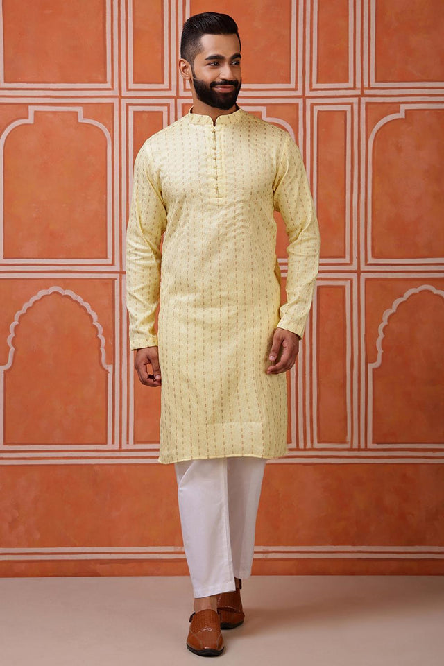 Mens Yellow Woven Silk Blend Kurta Set (ACA9716)