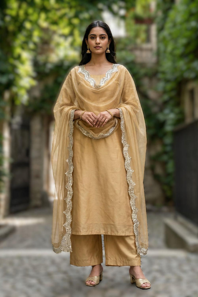 Beige Sequin with Embroidered Organza Dupatta (ACA9721)