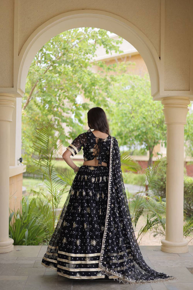Black Sequin with Printed Georgette Free Size Stitched Lehenga (ACA9726)