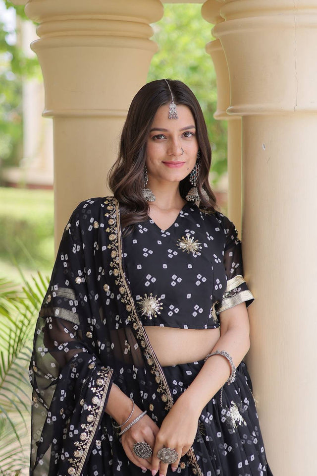 Black Sequin with Printed Georgette Free Size Stitched Lehenga (ACA9726)