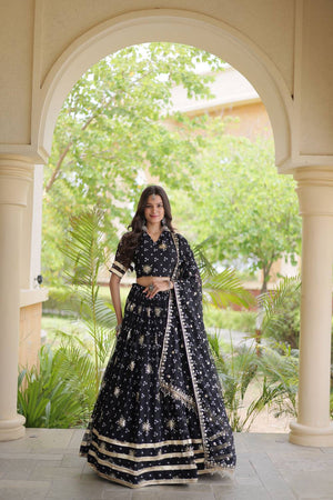 Black Sequin with Printed Georgette Free Size Stitched Lehenga (ACA9726)