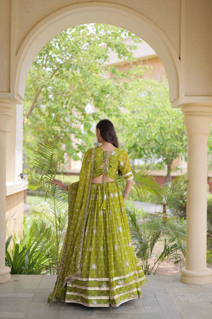 Green Sequin with Printed Georgette Free Size Stitched Lehenga (ACA9727)