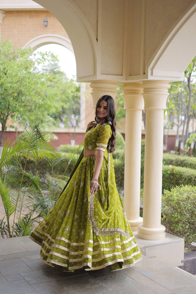 Green Sequin with Printed Georgette Free Size Stitched Lehenga (ACA9727)