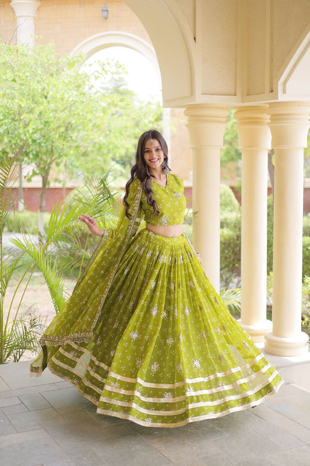 Green Sequin with Printed Georgette Free Size Stitched Lehenga (ACA9727)