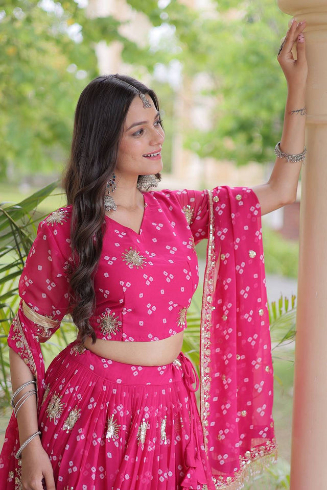 Pink Sequin with Printed Georgette Free Size Stitched Lehenga (ACA9728)
