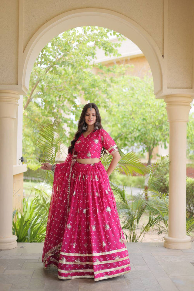Pink Sequin with Printed Georgette Free Size Stitched Lehenga (ACA9728)