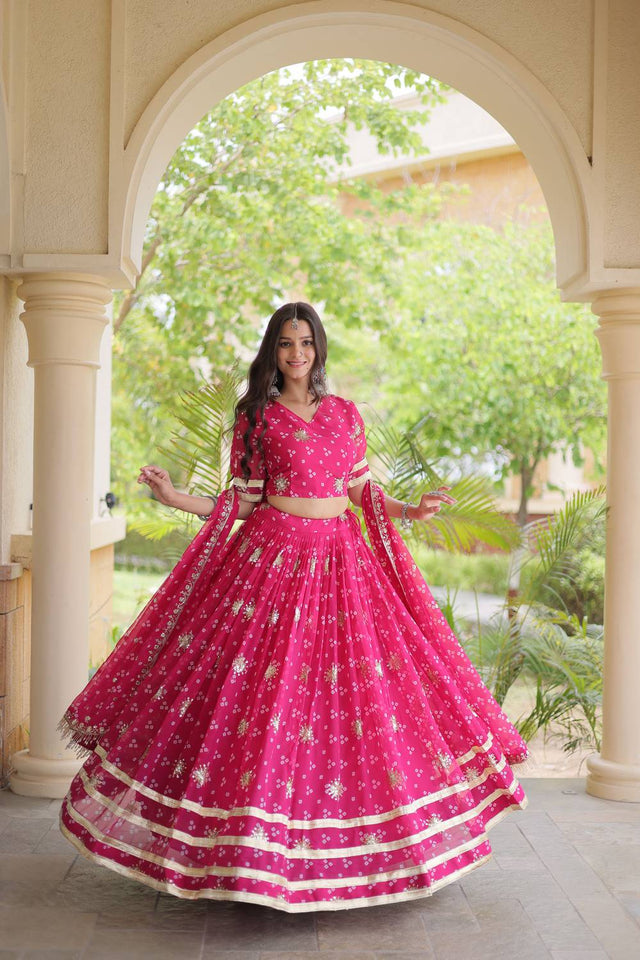 Pink Sequin with Printed Georgette Free Size Stitched Lehenga (ACA9728)