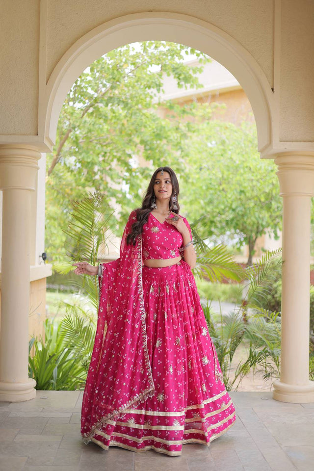 Pink Sequin with Printed Georgette Free Size Stitched Lehenga (ACA9728)