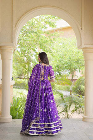 Purple Sequin with Printed Georgette Free Size Stitched Lehenga (ACA9729)