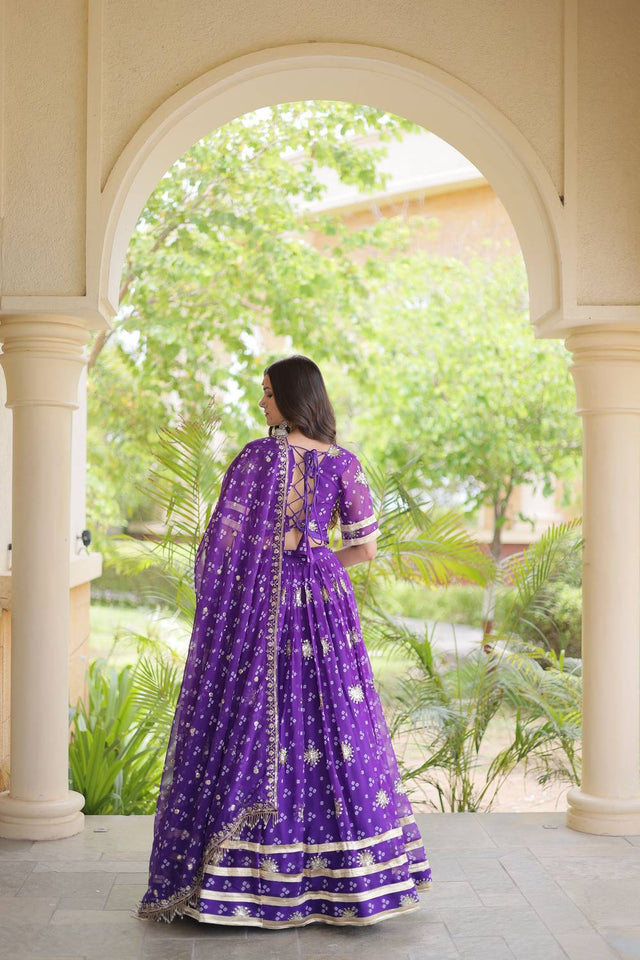 Purple Sequin with Printed Georgette Free Size Stitched Lehenga (ACA9729)