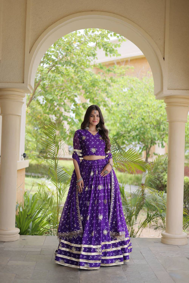 Purple Sequin with Printed Georgette Free Size Stitched Lehenga (ACA9729)